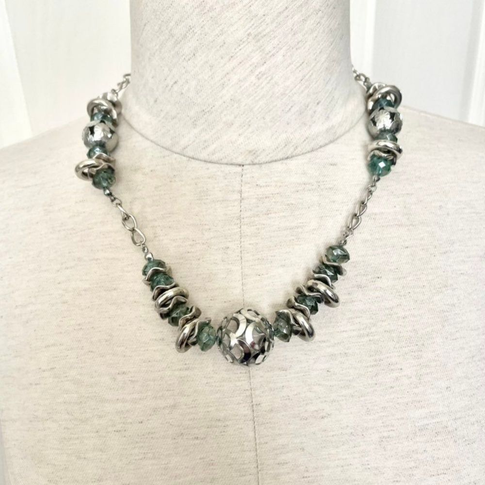 Silver tone and green bead necklace